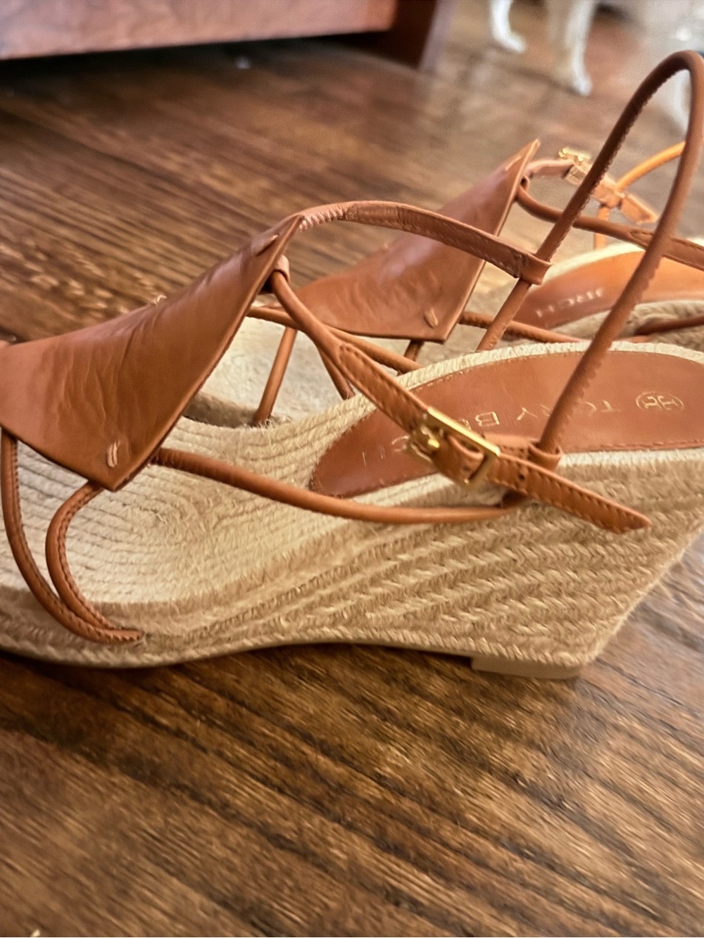 Tory Burch Cognac Leather Espadrille Wedge Sandals